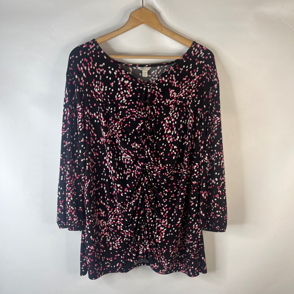 Cato Tunic Top Women 22/24W Black Pink Polka Dot Ruched Front Long Sleeve